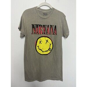 Nirvana Sz S Green T-Shirt Smiley Face Mineral Wash Short Sleeve Cotton Flaw